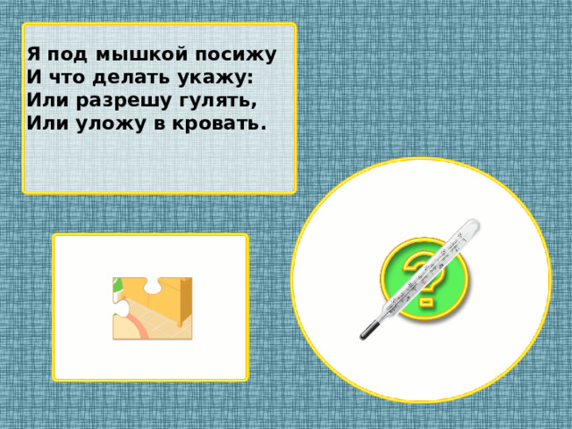 Я под мышкой посижу И что делать укажу: Или разрешу гулять, Или уложу в кровать.