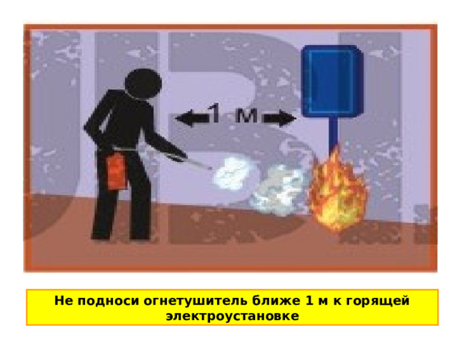 Не подноси огнетушитель ближе 1 м к горящей электроустановке