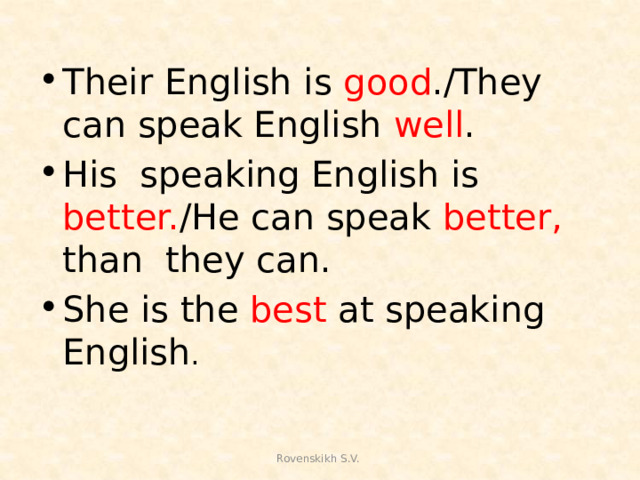 Their English is good ./They can speak English well . His speaking English is better. /He can speak better, than they can. She is the best at speaking English .