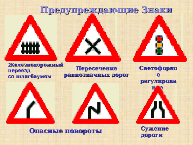 Предупреждающие Знаки   Железнодорожный переезд со шлагбаумом Светофорное регулирование  Пересечение  равнозначных дорог  Сужение дороги  Опасные повороты