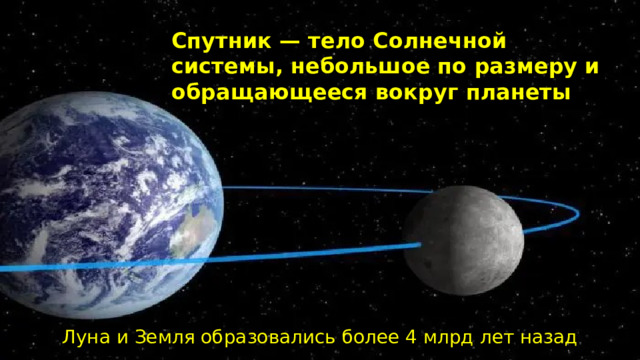 Спутник — тело Солнечной системы, небольшое по размеру и обращающееся вокруг планеты Луна и Земля образовались более 4 млрд лет назад