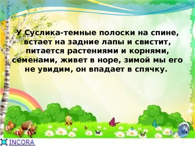 У Суслика-темные полоски на спине, встает на задние лапы и свистит, питается растениями и корнями, семенами, живет в норе, зимой мы его не увидим, он впадает в спячку.