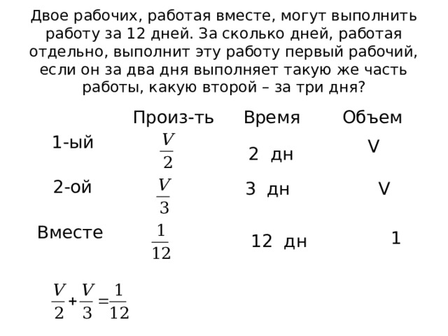 Двое рабочих, работая вместе, могут выполнить работу за 12 дней. За сколько дней, работая отдельно, выполнит эту работу первый рабочий, если он за два дня выполняет такую же часть работы, какую второй – за три дня? Произ-ть 1-ый Время 2-ой Объем Вместе V 2 дн 3 дн V  1 12 дн