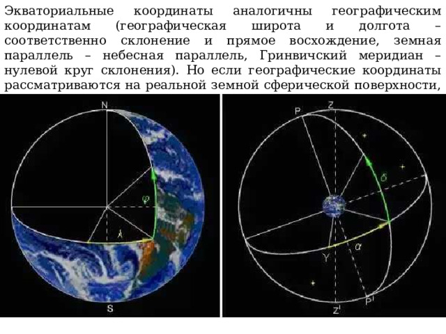 Экваториальные координаты аналогичны географическим координатам (географическая широта и долгота – соответственно склонение и прямое восхождение, земная параллель – небесная параллель, Гринвичский меридиан – нулевой круг склонения). Но если географические координаты рассматриваются на реальной земной сферической поверхности, то экваториальные координаты – на воображаемой поверхности небесной сферы.
