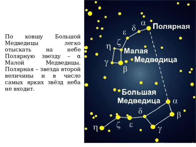По ковшу Большой Медведицы легко отыскать на небе Полярную звезду – α Малой Медведицы. Полярная – звезда второй величины и в число самых ярких звёзд неба не входит.