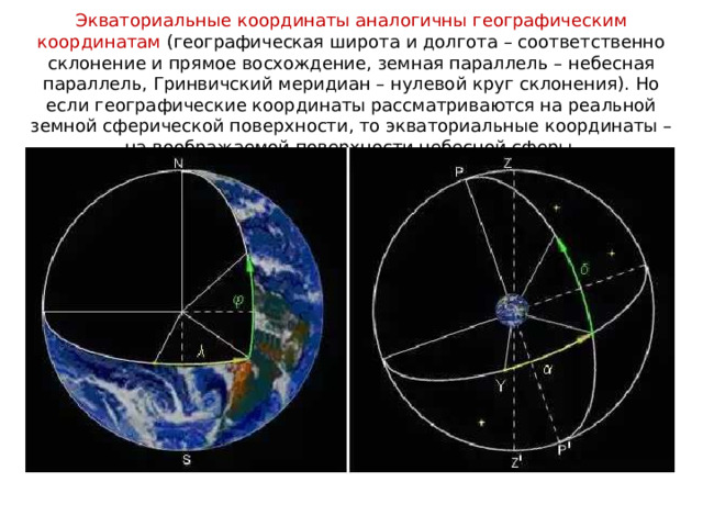 Экваториальные координаты аналогичны географическим координатам (географическая широта и долгота – соответственно склонение и прямое восхождение, земная параллель – небесная параллель, Гринвичский меридиан – нулевой круг склонения). Но если географические координаты рассматриваются на реальной земной сферической поверхности, то экваториальные координаты – на воображаемой поверхности небесной сферы.