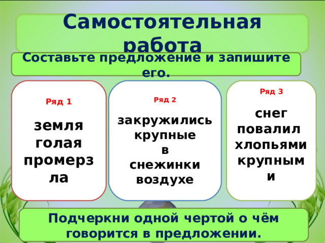 Самостоятельная работа Составьте предложение и запишите его. Ряд 1  Ряд 2  Ряд 3  земля голая промерзла закружились крупные в снежинки воздухе снег повалил хлопьями крупными  Подчеркни одной чертой о чём говорится в предложении.