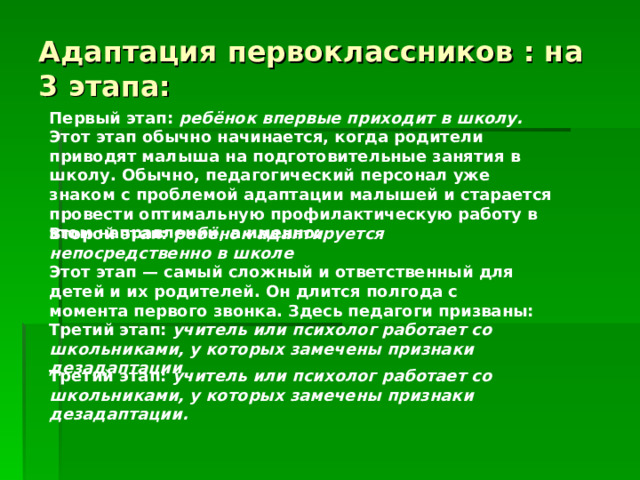 Адаптация первоклассников : на 3 этапа: Первый этап:  ребёнок впервые приходит в школу. Этот этап обычно начинается, когда родители приводят малыша на подготовительные занятия в школу. Обычно, педагогический персонал уже знаком с проблемой адаптации малышей и старается провести оптимальную профилактическую работу в этом направлении, а именно: Второй этап:  ребёнок адаптируется непосредственно в школе Этот этап — самый сложный и ответственный для детей и их родителей. Он длится полгода с момента первого звонка. Здесь педагоги призваны: Третий этап:  учитель или психолог работает со школьниками, у которых замечены признаки дезадаптации Третий этап:  учитель или психолог работает со школьниками, у которых замечены признаки дезадаптации.