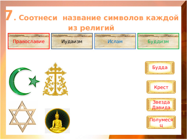 7 . Соотнеси название символов каждой из религий Православие Иудаизм Ислам Буддизм Будда Крест Звезда Давида Полумесяц