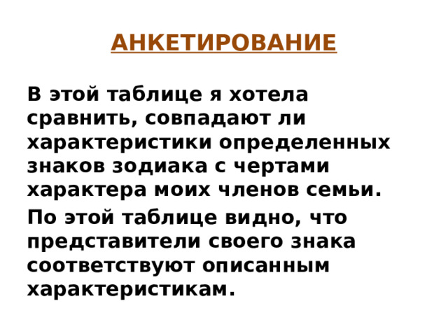 АНКЕТИРОВАНИЕ В этой таблице я хотела сравнить, совпадают ли характеристики определенных знаков зодиака с чертами характера моих членов семьи. По этой таблице видно, что представители своего знака соответствуют описанным характеристикам.