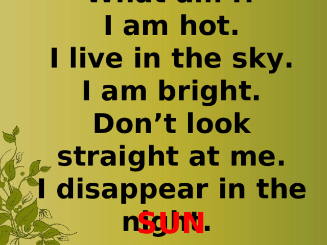 What am I?  I am hot.  I live in the sky.  I am bright.  Don’t look straight at me.  I disappear in the night. SUN