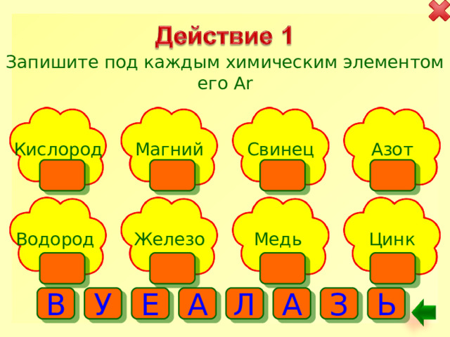 Запишите под каждым химическим элементом его Ar Кислород Азот Магний Свинец Водород Железо Цинк Медь В Е Л З У А А Ь