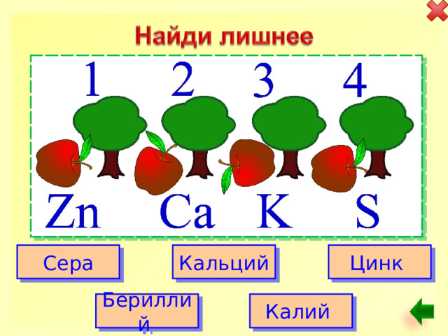 Сера Кальций Цинк Бериллий Калий