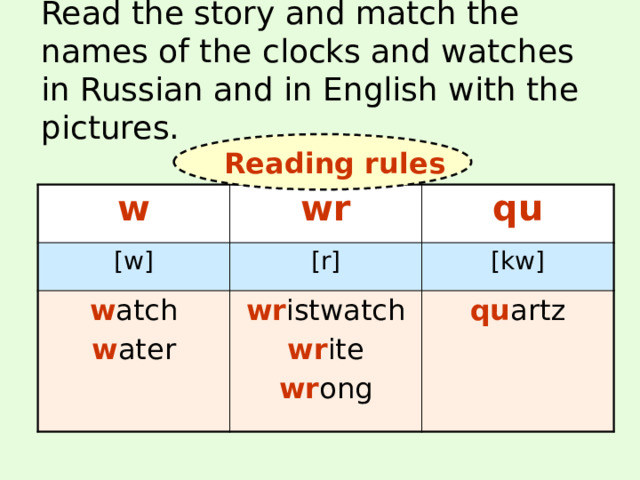 Read the story and match the names of the clocks and watches in Russian and in English with the pictures. Reading rules w wr [w] qu [r] w atch w ater wr istwatch [kw] wr ite qu artz wr ong