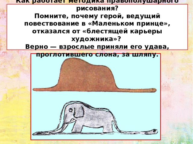 Как работает методика правополушарного рисования? Помните, почему герой, ведущий повествование в «Маленьком принце», отказался от «блестящей карьеры художника»? Верно — взрослые приняли его удава, проглотившего слона, за шляпу.