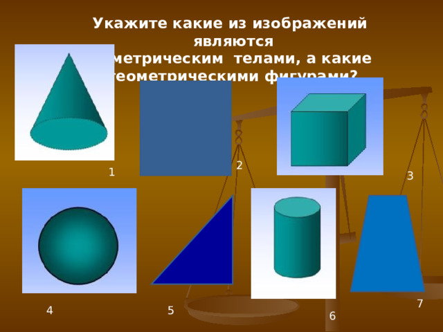 Укажите какие из изображений являются геометрическим телами, а какие геометрическими фигурами? 2 1 3 7 4 5 6