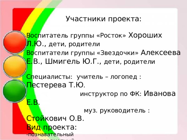 Участники проекта: Воспитатель группы «Росток» Хороших Л.Ю., дети, родители Воспитатели группы «Звездочки» Алексеева Е.В., Шмигель Ю.Г., дети, родители Специалисты: учитель – логопед : Пестерева Т.Ю .  инструктор по ФК: Иванова Е.В.  муз. руководитель : Стойкович О.В. Вид проекта: -познавательный -межпредметный -среднесрочный (3 месяца)