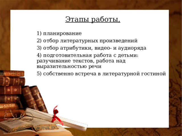 Этапы работы . 1) планирование 2) отбор литературных произведений 3) отбор атрибутики, видео- и аудиоряда 4) подготовительная работа с детьми: разучивание текстов, работа над выразительностью речи 5) собственно встреча в литературной гостиной