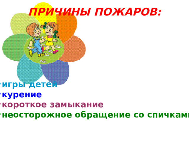 ПРИЧИНЫ ПОЖАРОВ:   игры детей курение короткое замыкание неосторожное обращение со спичками