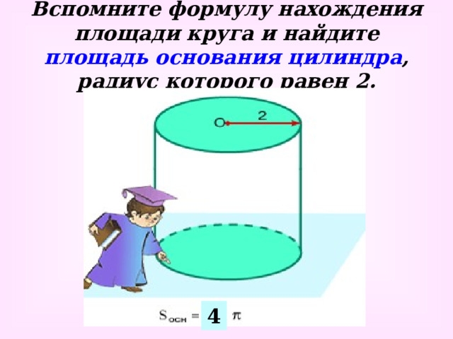 Вспомните формулу нахождения площади круга и найдите площадь основания цилиндра , радиус которого равен 2. 4
