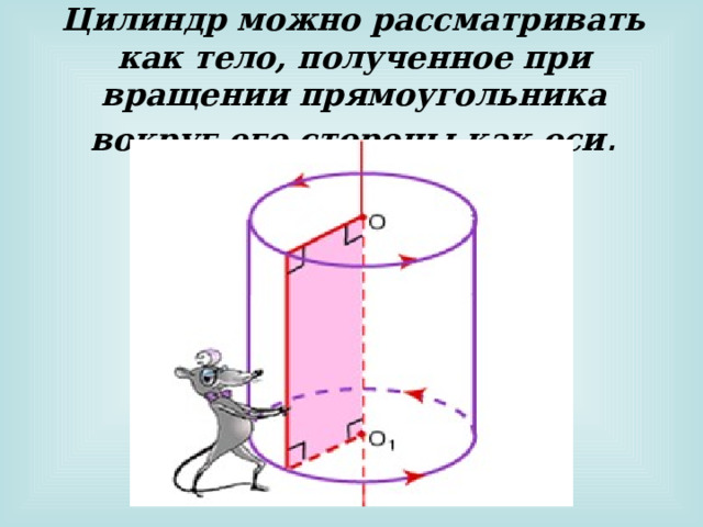 Цилиндр можно рассматривать как тело, полученное при вращении прямоугольника вокруг его стороны как оси .