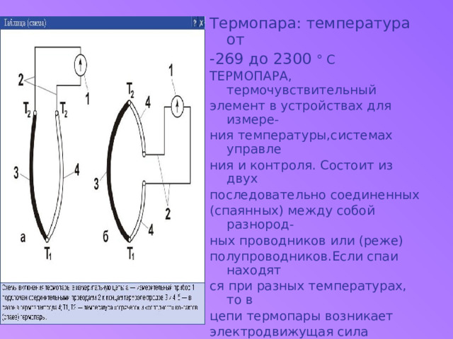 Термопара: температура от -269 до 2300 ° С ТЕРМОПАРА, термочувствительный элемент в устройствах для измере- ния температуры,системах управле ния и контроля. Состоит из двух последовательно соединенных (спаянных) между собой разнород- ных проводников или (реже) полупроводников.Если спаи находят ся при разных температурах, то в цепи термопары возникает электродвижущая сила (термоэлектродвижущая сила), величина которой однозначно связана с разностью температур «горячего» и «холодного» контактов.