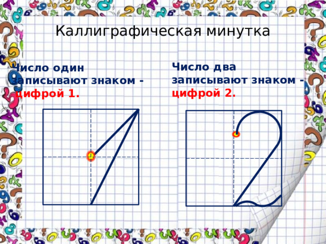 Каллиграфическая минутка Число два записывают знаком - цифрой 2. Число один записывают знаком - цифрой 1.
