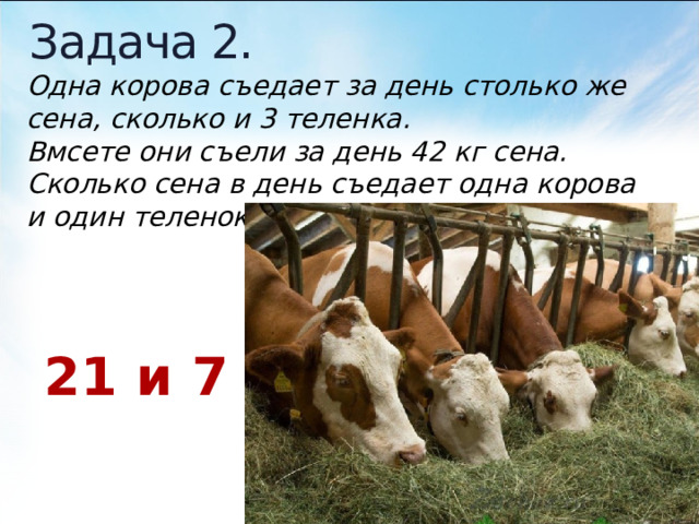 Задача 2. Одна корова съедает за день столько же сена, сколько и 3 теленка. Вмсете они съели за день 42 кг сена. Сколько сена в день съедает одна корова и один теленок? 21 и 7