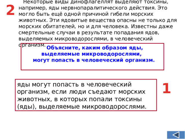 Некоторые виды динофлагеллят выделяют токсины, например, яды нервнопаралитического действия. Это могло быть ещё одной причиной гибели морских животных. Эти ядовитые вещества опасны не только для морских обитателей, но и для человека. Известны даже смертельные случаи в результате попадания ядов, выделяемых микроводорослями, в человеческий организм. 2 Объясните, каким образом яды, выделяемые микроводорослями, могут попасть в человеческий организм.  1 яды могут попасть в человеческий организм, если люди съедают морских животных, в которых попали токсины (яды), выделяемые микроводорослями.