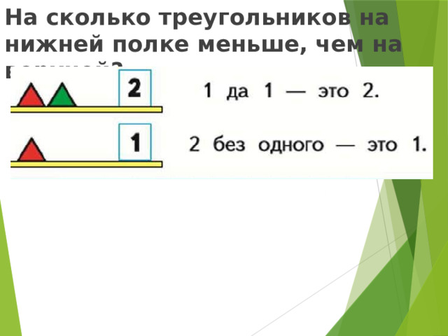 На сколько треугольников на нижней полке меньше, чем на верхней?