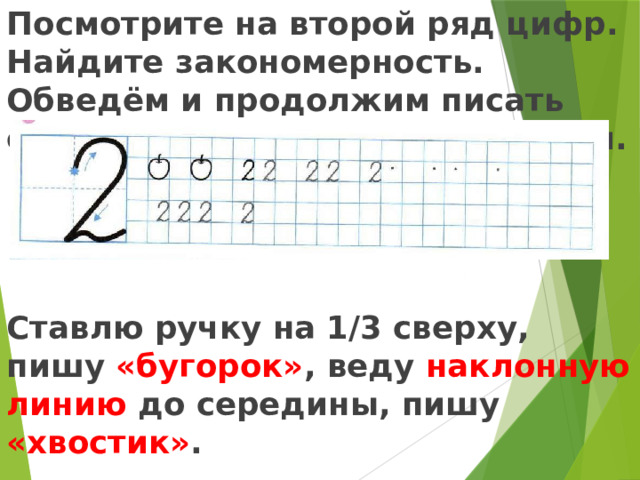 Посмотрите на второй ряд цифр. Найдите закономерность. Обведём и продолжим писать самостоятельно до конца строки.     Ставлю ручку на 1/3 сверху, пишу «бугорок» , веду наклонную линию до середины, пишу «хвостик» .