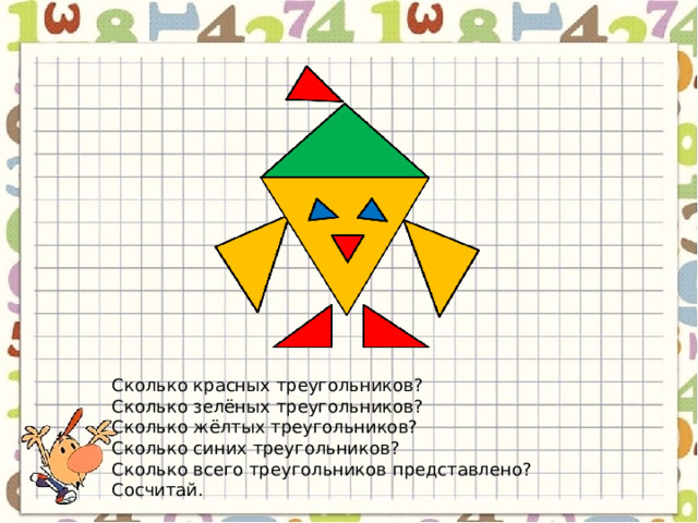 Сколько красных треугольников? Сколько зелёных треугольников? Сколько жёлтых треугольников? Сколько синих треугольников? Сколько всего треугольников представлено? Сосчитай.