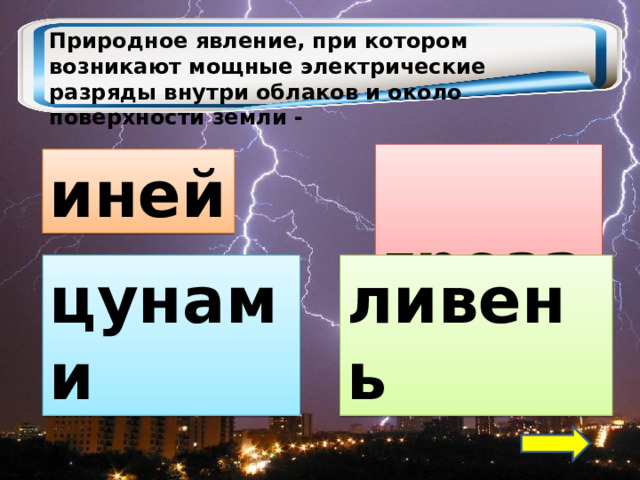 Природное явление, при котором возникают мощные электрические разряды внутри облаков и около поверхности земли -  гроза иней цунами ливень