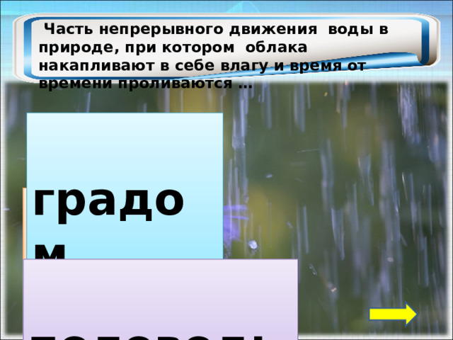   Часть непрерывного движения воды в природе, при котором облака накапливают в себе влагу и время от времени проливаются …  градом  дождём  половодьем