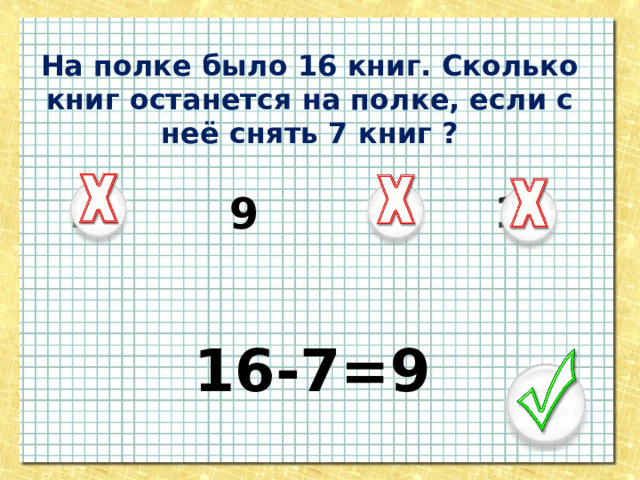 На полке было 16 книг. Сколько книг останется на полке, если с неё снять 7 книг ? 11 10 8 9 16-7=9