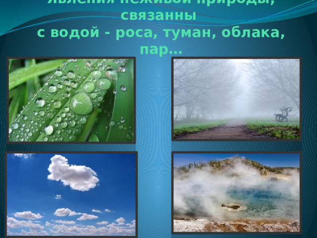 Явления неживой природы, связанны  с водой - роса, туман, облака, пар…