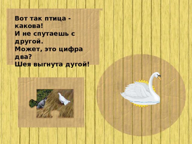 Вот так птица - какова! И не спутаешь с другой. Может, это цифра два? Шея выгнута дугой!