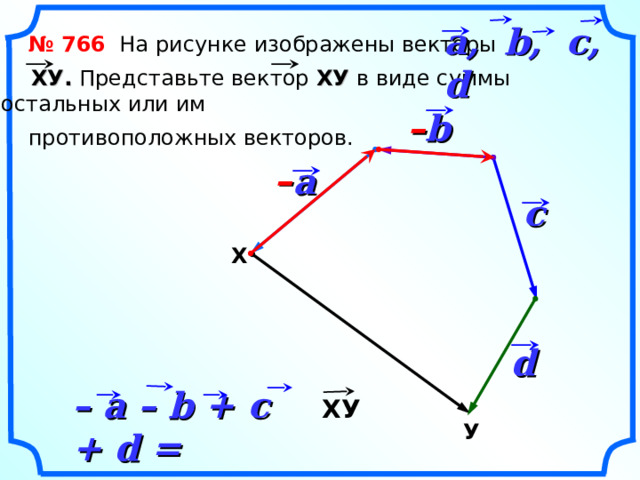a, b, c, d  № 766 На рисунке изображены векторы  ХУ . Представьте вектор ХУ в виде суммы остальных или им  противоположных векторов. b –  –  a c  Х «Геометрия 7-9» Л.С. Атанасян и др. d – a – b + c + d =  ХУ У 15
