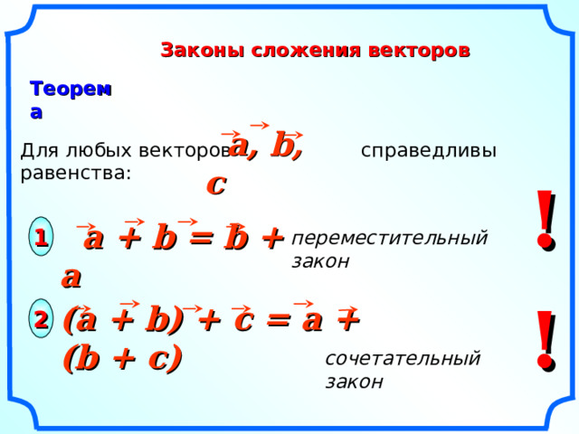 Законы сложения векторов Теорема  a , b,  c Для любых векторов справедливы равенства:  !  a + b = b + a 1 переместительный закон   «Геометрия 7-9» Л.С. Атанасян и др. ! ( a + b ) + c = a + (b + c) 2 сочетательный закон   9