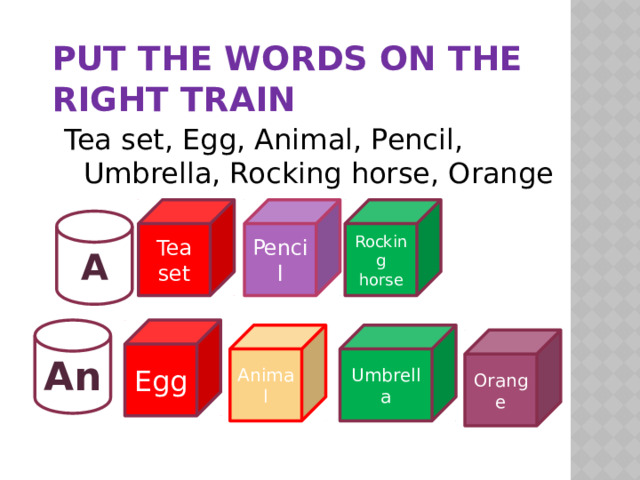 Put the words on the right train Tea set, Egg, Animal, Pencil, Umbrella, Rocking horse, Orange Tea set Pencil Rocking horse A An Egg Animal Umbrella Orange