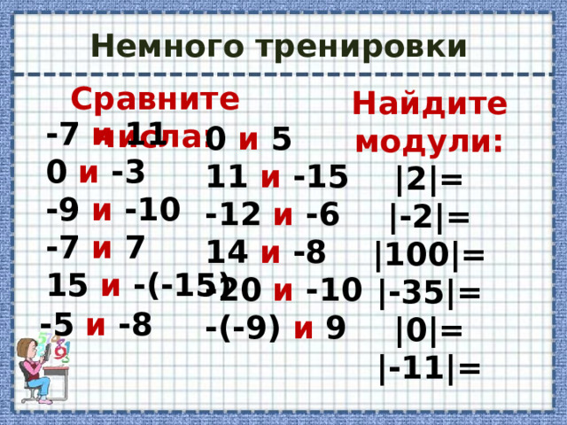 Немного тренировки Сравните числа: Найдите модули: |2|= |-2|= |100|= |-35|= |0|= |-11|=  -7 и 11 0 и -3 -9 и -10 -7 и 7 15 и -(-15) 0 и 5 11 и -15 -12 и -6 14 и -8 -20 и -10 -(-9) и 9    -5 и -8