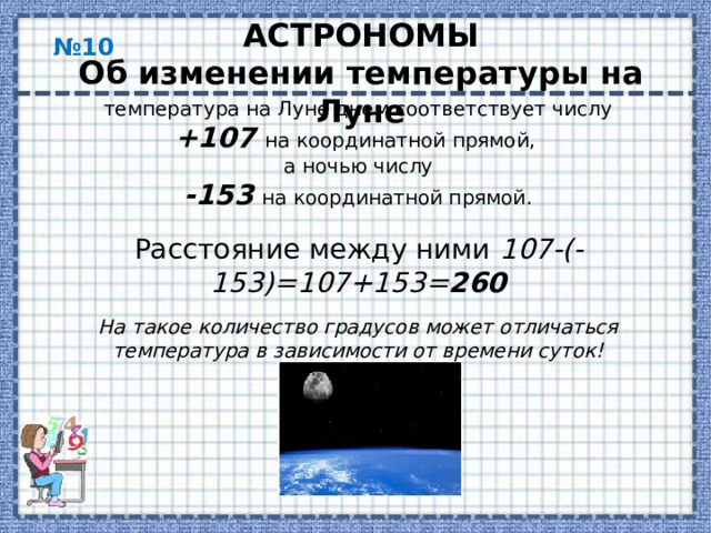 АСТРОНОМЫ Об изменении температуры на Луне № 10 температура на Луне днем соответствует числу +107 на координатной прямой, а ночью числу -153  на координатной прямой. Расстояние между ними 107-(-153)=107+153= 260  На такое количество градусов может отличаться температура в зависимости от времени суток! 13
