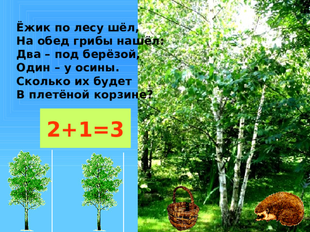 Ёжик по лесу шёл,  На обед грибы нашёл:  Два – под берёзой,  Один – у осины.  Сколько их будет  В плетёной корзине? 2+1=3