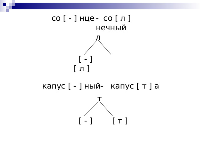 со [ - ] нце - со [ л ] нечный л  [ - ]  [ л ] капус [ - ] ный - капус [ т ] а т  [ - ]  [ т ]