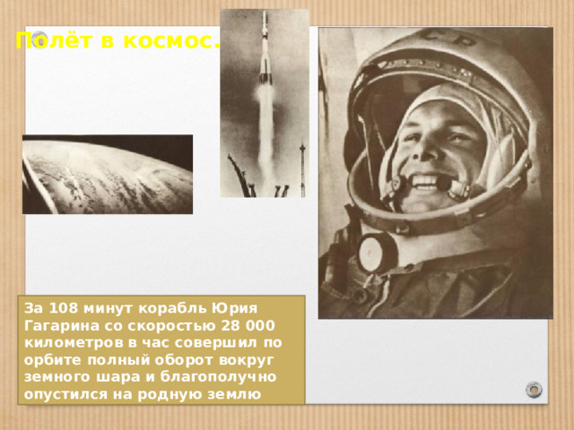 Полёт в космос. За 108 минут корабль Юрия Гагарина со скоростью 28 000 километров в час совершил по орбите полный оборот вокруг земного шара и благополучно опустился на родную землю