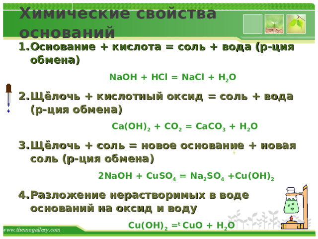 Химические свойства оснований Основание + кислота = соль + вода (р-ция обмена)  NaOH + HCl = NaCl + H 2 O Щёлочь + кислотный оксид = соль + вода (р-ция обмена)  Ca(OH) 2 + CO 2 = CaCO 3 + H 2 O  Щёлочь +  соль = новое основание + новая соль (р-ция обмена)  2NaOH + CuSO 4 = Na 2 SO 4  + Cu(OH) 2 Разложение нерастворимых в воде оснований на оксид и воду  Cu(OH) 2 = t  С uO + H 2 O
