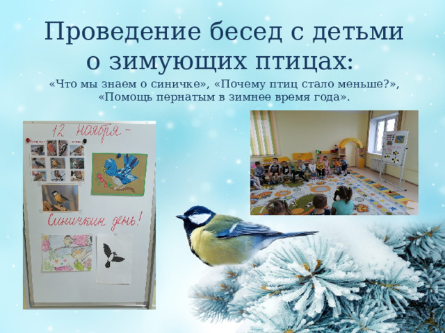 Проведение бесед с детьми о зимующих птицах: «Что мы знаем о синичке», «Почему птиц стало меньше?», «Помощь пернатым в зимнее время года».