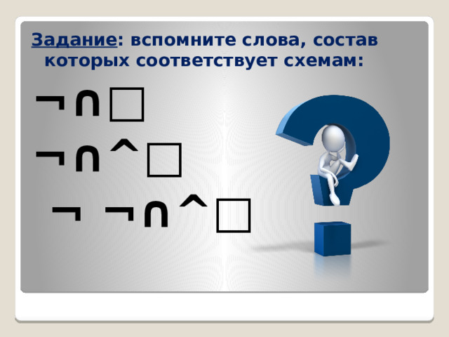 Задание : вспомните слова, состав которых соответствует схемам: ¬∩□ ¬∩^□  ¬ ¬∩^□