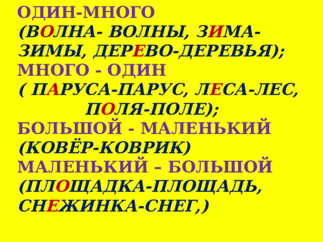 ОДИН-МНОГО  (В О ЛНА- ВОЛНЫ, З И МА-ЗИМЫ, ДЕР Е ВО-ДЕРЕВЬЯ);  МНОГО - ОДИН ( П А РУСА-ПАРУС, Л Е СА-ЛЕС, П О ЛЯ-ПОЛЕ); БОЛЬШОЙ - МАЛЕНЬКИЙ  (КОВЁР-КОВРИК)  МАЛЕНЬКИЙ – БОЛЬШОЙ (ПЛ О ЩАДКА-ПЛОЩАДЬ, СН Е ЖИНКА-СНЕГ,)