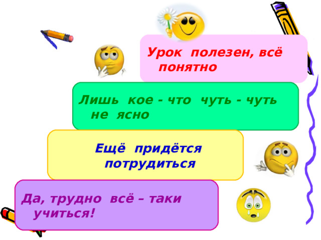 Урок полезен, всё понятно Лишь кое - что чуть - чуть не ясно  Ещё придётся потрудиться Да, трудно всё – таки учиться!